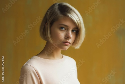 Close-Up Portrait of a Young Caucasian Fictional Blonde Woman with Short Hair in a Bob Hairstyle. Beautiful Smiling Model. Generative AI.