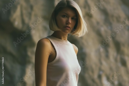 Close-Up Portrait of a Young Caucasian Fictional Blonde Woman with Short Blond Hair in a Bob Hairstyle. Beautiful Smiling Model. Generative AI.