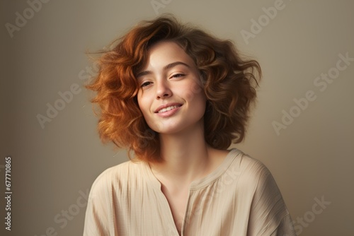 Close-Up Portrait of a Young Caucasian Fictional Redhead Woman with Short Ginger Hair in a Bob Hairstyle. Beautiful Smiling Model. Generative AI.