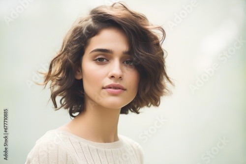 Close-Up Portrait of a Young Caucasian Fictional Brunette Woman with Short Brown Hair in a Bob Hairstyle. Beautiful Smiling Model. Generative AI.
