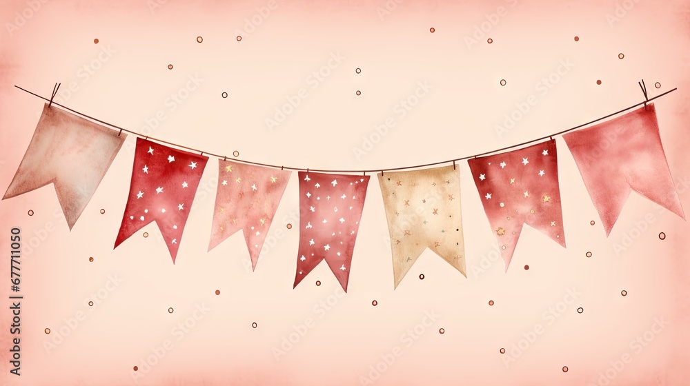  a string of red and white flags hanging from a line on a pink background with polka dots and a pink background with polka dots on the bottom of the bunting.  generative ai - obrazy, fototapety, plakaty 