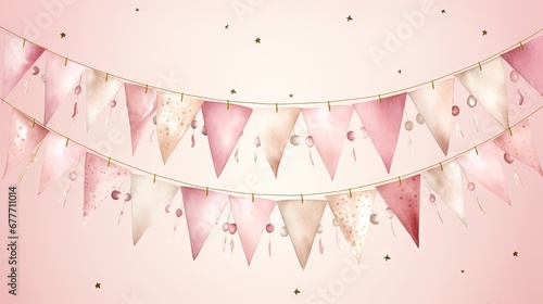  a pink and gold bunting banner on a pink background with gold stars and a pink background with gold stars and a pink background with pink and white bunting.  generative ai photo