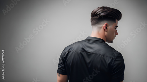 Man with slicked back haircut wearing a black shirt on a white background photo