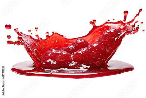 Red berry Jam splash with little bubbles fruit syrup isolated on transparent background, Fruity strawberry sauce, liquid fluid element flowing, red juice swirl. photo