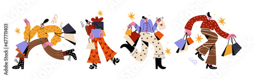 Cartoon characters shopping in retro 90s style. People are running with shopping bags. Discounts, sale, black Friday. Online shopping doodle women hand drawn