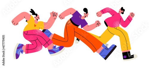 Cartoon people run fast. Active characters are in a hurry to run errands and go to work. Team runners men and women. Vector flat retro illustration
