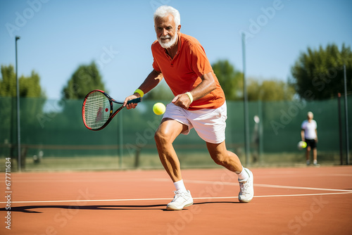 An old tennis player man playing on a red soil court. © Andrea Raffin