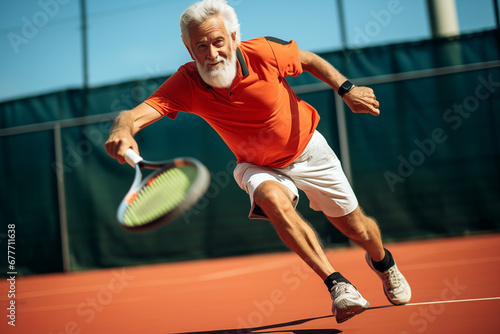 An old tennis player man playing on a red soil court.