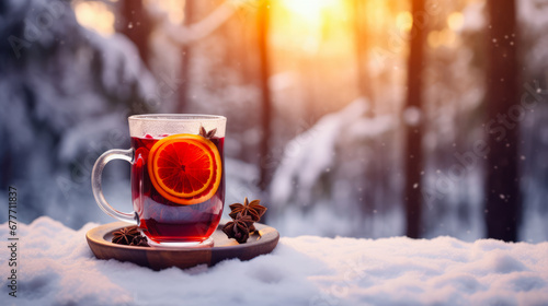 Delicious Mulled Wine with Snowy Forest on the Background