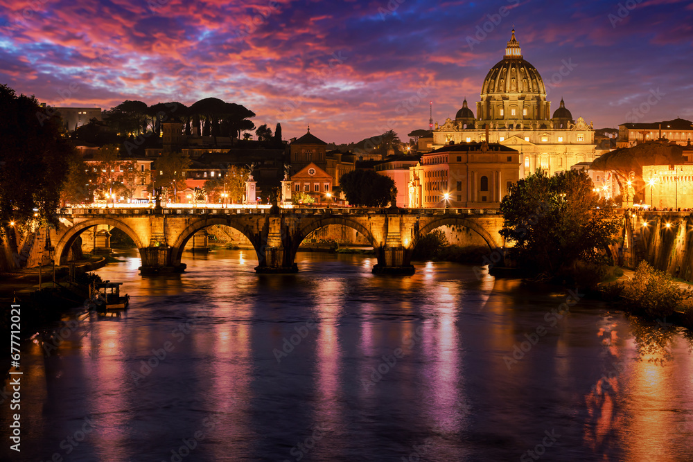 Saint Peter's Basilica with Sant' Angelo's Bridge Over Tiber At Sunset, Rome, Lazio, Italy