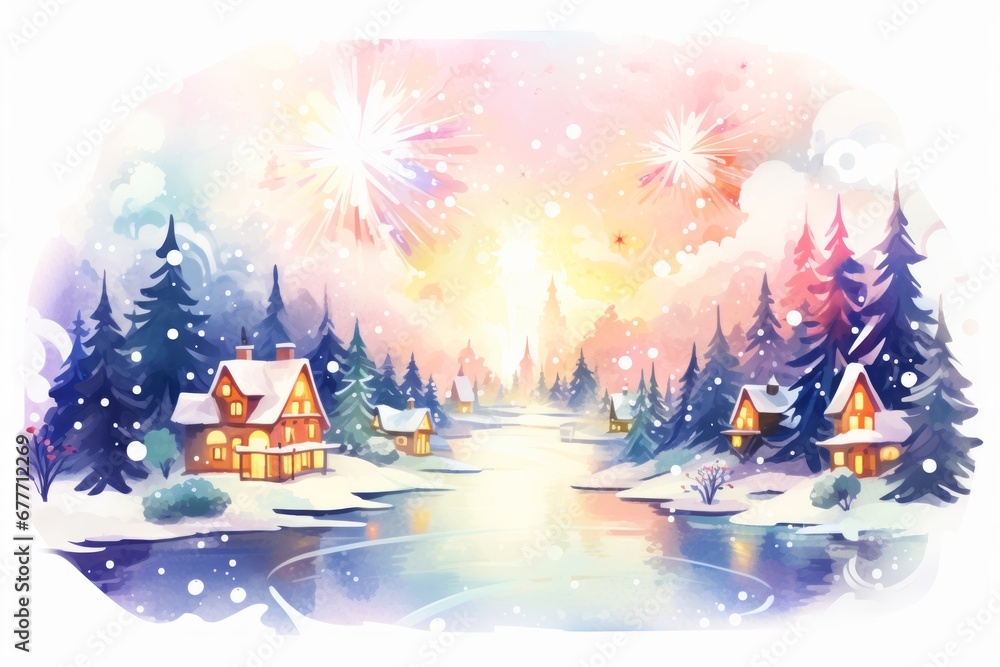 Naklejka premium Watercolor small village over a river with sunset sky and fireworks in winter