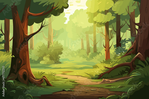 Forest landscape background with path in the middle of the forest vector illustration