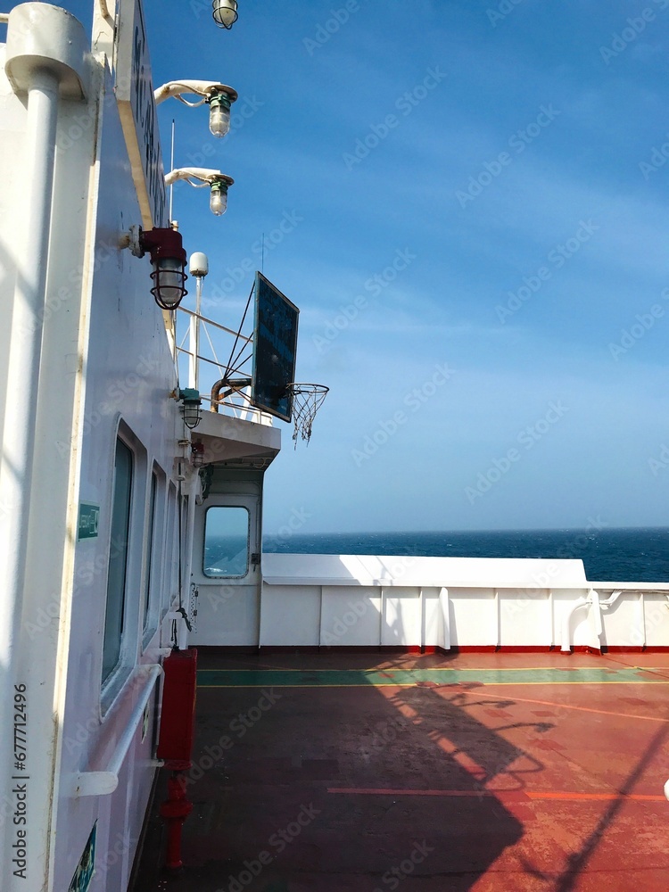 Vertical shot of the deck of a ship on blue sky background