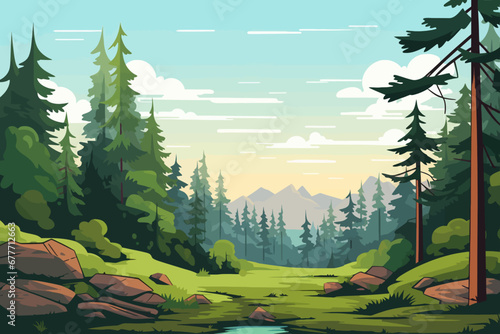 Forest landscape background with path in the middle of the forest vector illustration