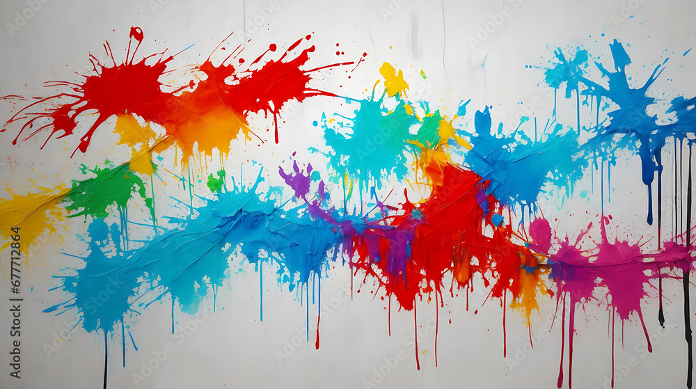 Fototapeta premium Messy paint strokes and smudges on an old painted wall background. Abstract wall surface with part of graffiti. Colorful drips, flows, streaks of paint and paint sprays