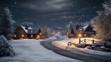  a night scene of a snowy country road with a cabin on the side of the road and a full moon in the sky above the snow covered trees and snow covered ground.  generative ai