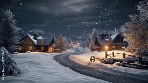  a night scene of a snowy country road with a cabin on the side of the road and a full moon in the sky above the snow covered trees and snow covered ground. generative ai