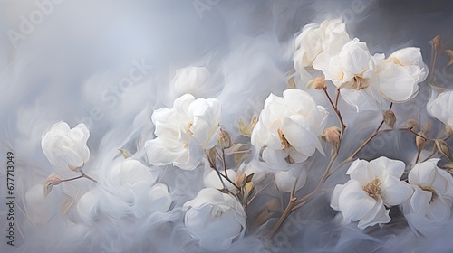  a painting of a bunch of white flowers on a blue and gray background with a blurry background behind the flowers is a blurry image of a branch with white flowers in the foreground.  generative ai © Nadia