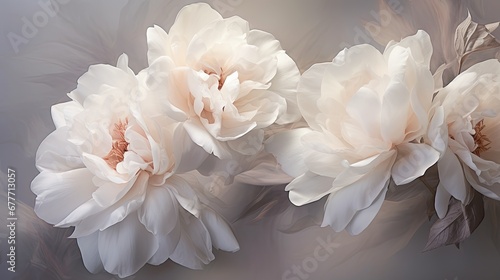  a close up of three white flowers on a black and white background with a blurry image of leaves on the bottom and bottom of the flowers