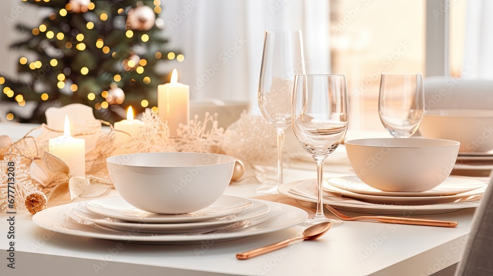  a table set for a christmas dinner with a lit christmas tree in the background and a lit candle in the center of the table with a white bowl and gold rim.  generative ai