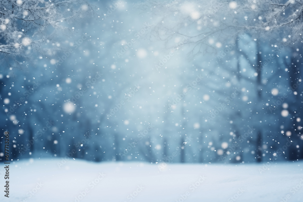 Naklejka premium winter blurred background with snowfall on the background of trees