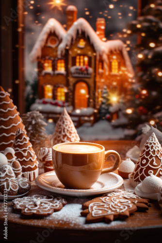 Delicious Spicy Cappuccino with Whipped Cream and Gingerbread Cookie