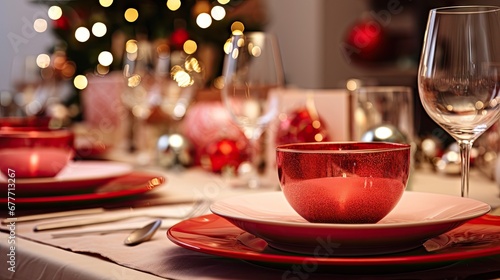  a close up of a plate with a cup and saucer on a table with a christmas tree in the background and a glass of wine in the foreground. generative ai