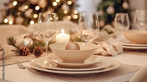  a table set for a holiday dinner with a lit christmas tree in the background and a lit candle in a bowl in the center of the center of the table. generative ai
