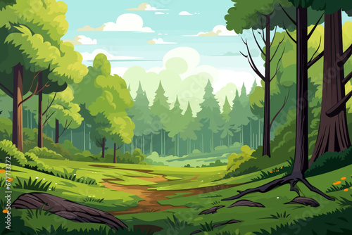 Forest landscape background with green trees and road. Vector illustration in cartoon style
