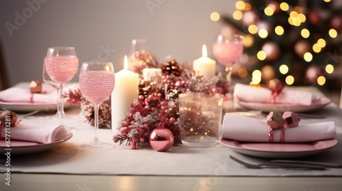  a table set for a christmas dinner with a lit candle and a christmas tree in the background with pink and white plates and napkins and napkins on the table.  generative ai