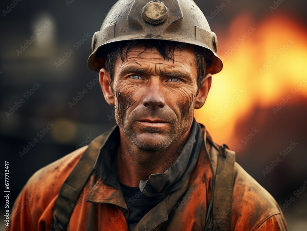 A Outlandish Energy Man in Worker Safety Uniform with Dirty Dust, Mud, Sweat on Face