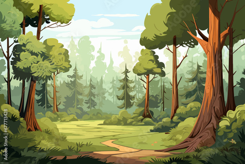 Forest landscape with trees and grass in cartoon style. Vector illustration.