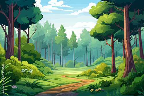 Forest landscape with trees and path. Vector illustration in cartoon style.