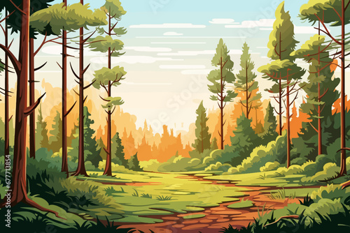 Forest landscape with trees and path. Vector illustration in cartoon style.