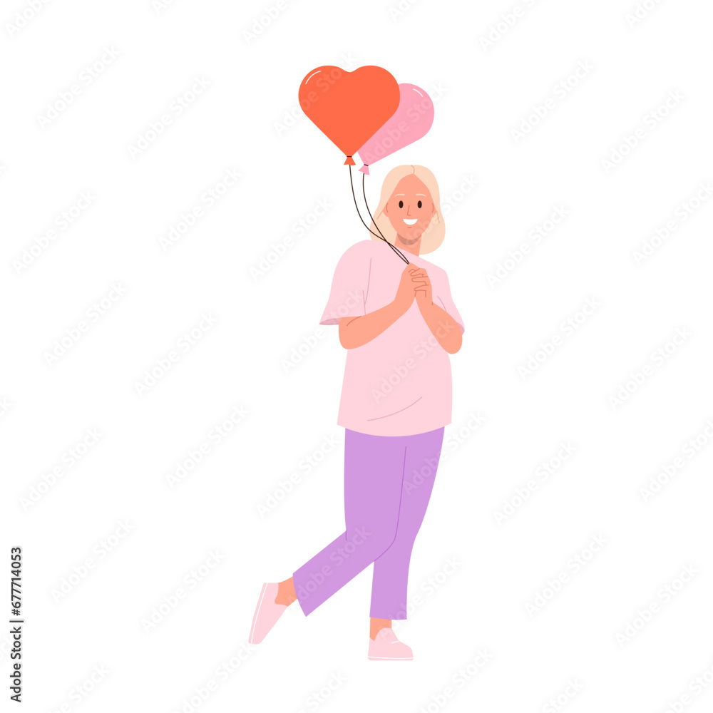 Happy smiling young woman cartoon character holding hearts air balloon standing isolated on white