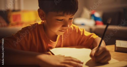 Evening Portrait of Smart Young Boy Doing Homework in the Living Room. Focused Kid Thinking Real Hard on his Math lesson, writing Test answers, Learning, Studying for best Grades