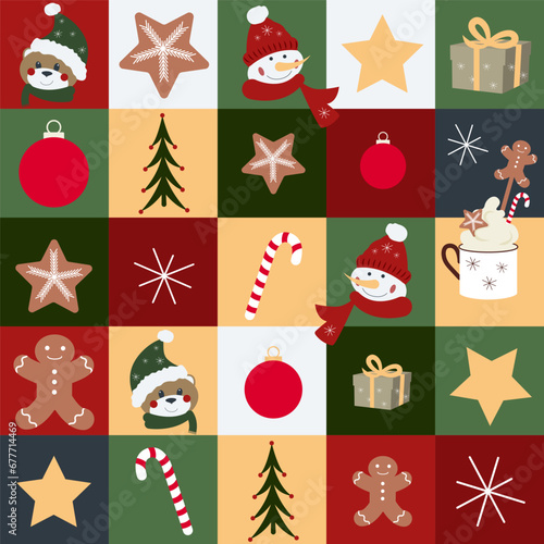 Christmas and New Year Holiday quilt vector seamless background, patchwork pattern with abstract geometric, simple shapes, Santa Claus, celebration symbol, holiday food.