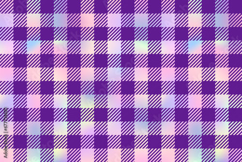 Holographic Plaid patten background. Vector checkered violet and rainbow gradient plaid textured print. Shiny Iridescent plaid texture for fashion, print, design, wallpapers