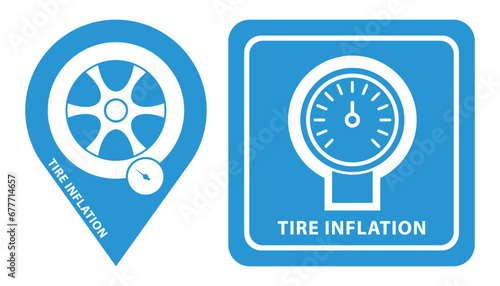 Tire inflation point sign. Blue tire inflation station sign on white background.