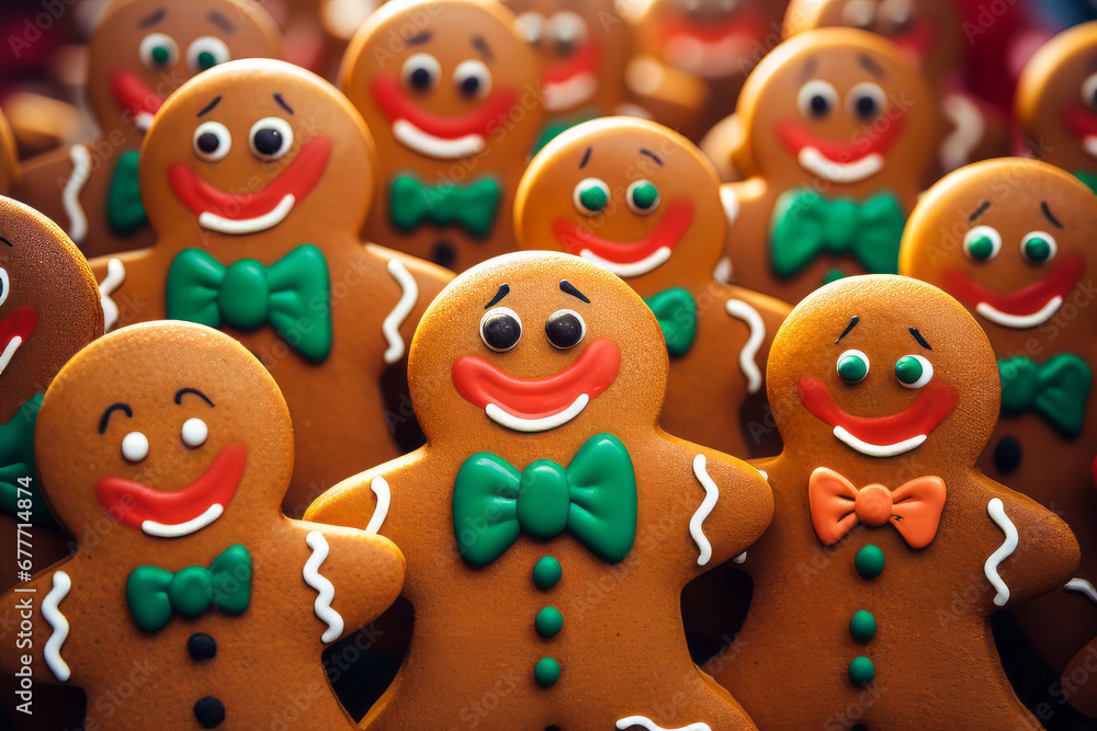 Cartoon Funny Gingerbread People.  Generated Image.  A digital rendering of a group of funny gingerbread people decorated for Christmas.