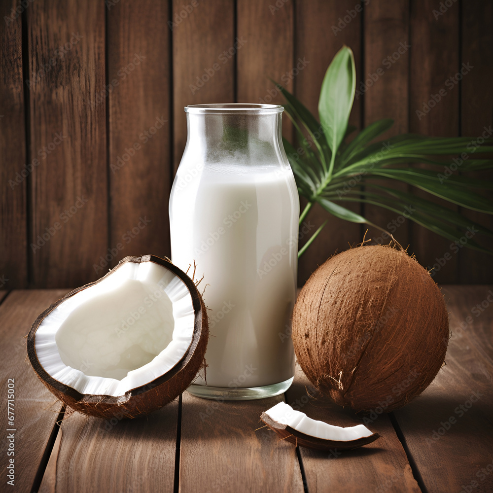 Coconut milk in bottle on wooden backgrounds Coconut milk in bottle on wooden backgrounds