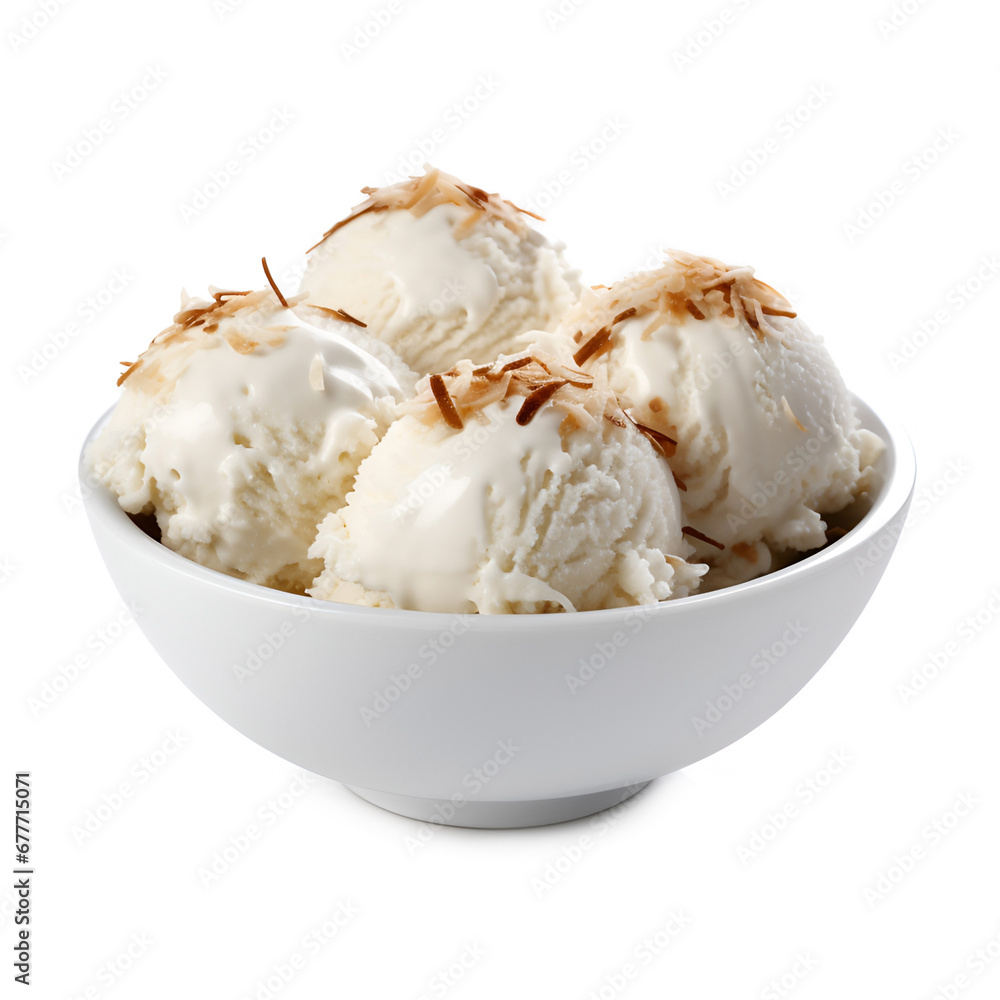 Coconut ice cream ball in white plate on white backgrounds Coconut ice cream ball in white plate on white backgrounds
