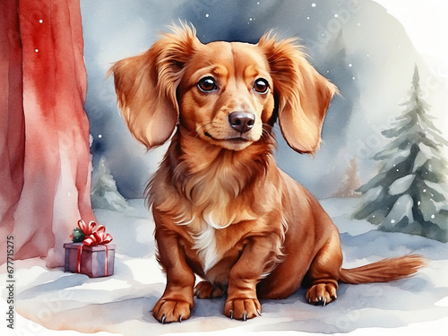 Red longhaired dachshund sitting in snow and trees, cute fluffy dog in Christmas with presents, watercolor effect