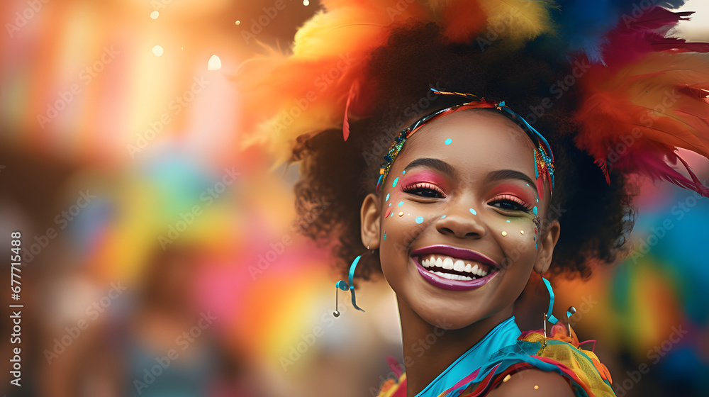 Portrait of a girl dressed in carnival clothing, located to one side of the image, with copyspace and blurred background
