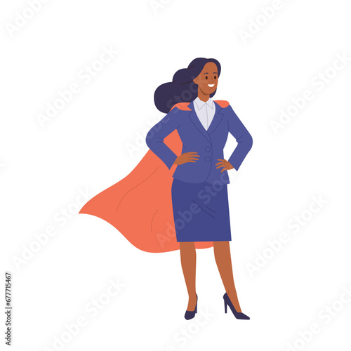 Positive business lady cartoon character in red cape and formal suit feeling brave and confidence