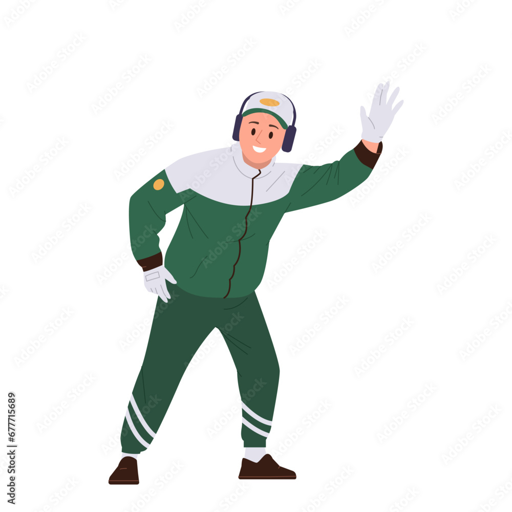 Pit stop worker cartoon character in team uniform waving hand gesturing for driver of racing car Pit stop worker cartoon character in team uniform waving hand gesturing for driver of racing car