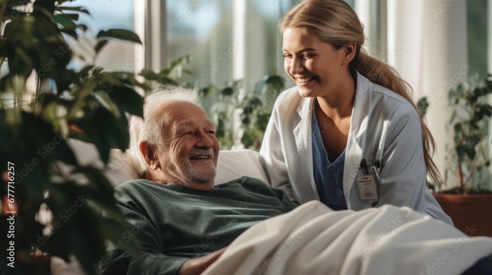 Happy supportive young woman, nurse taking care after senor, old man in nursing home. Comfort life of elderly people. Healthcare Happy supportive young woman, nurse taking care after senor, old man in nursing home. Comfort life of elderly people. Healthcare