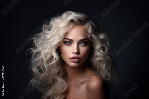 Young woman with white blonde curls and smoky eyes. Cosmetics, beauty and hair styling