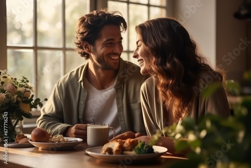 Romantic date. Young woman and man  happy loving couple spending good time together  smiling  having dinner in cafe together