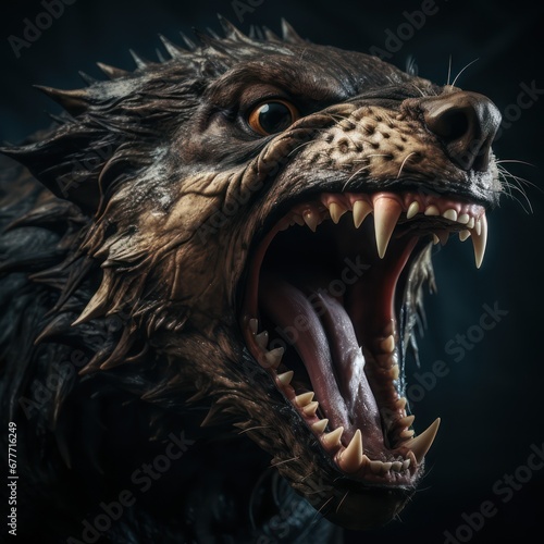 Angry wolf with mouth open against dark background. Wide life. Fantasy and mystery. Horror creature of nature © master1305